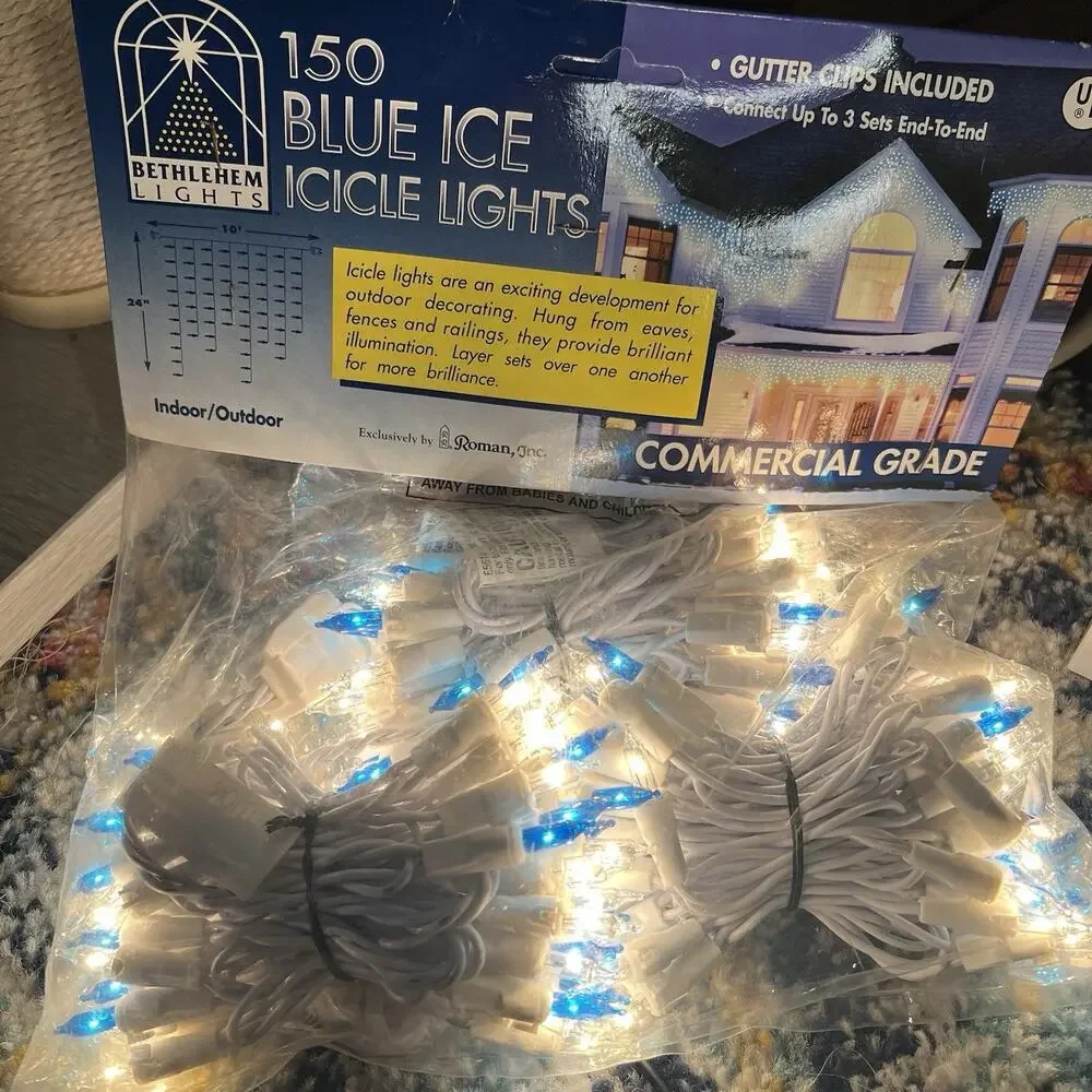 Vintage 1998 Roman 300 Blue Ice Icicle String Lights White Cord Indoor Outdoor
